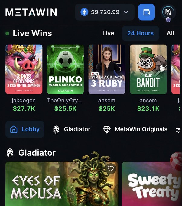 The image shows the MetaWin online casino platform displaying a Live Wins feed with recent payouts like $27.7K (jakdegen), $25.5K (TheOnlyCry...), $25K (ansem), and $23.1K (ansem) from games including 3 Pigs of Olympus, Plinko World Cup Edition, VIP Blackjack, and Le Bandit, alongside a $9,726.99 crypto balance. The "2 Rise of the Demihog" bonus tagline ties directly to the post's claim of a deposit-match promotion, while the visible win amounts illustrate the type of payouts potential players might chase.