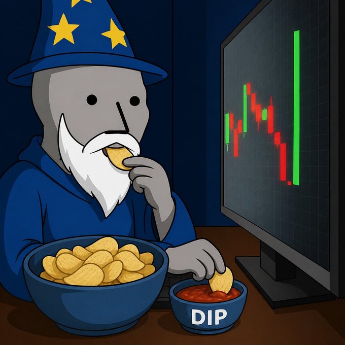 A cartoon wizard in a star-spangled blue hat calmly dips chips into a bowl labeled "DIP" while watching a red-and-green candlestick chart on his monitor. The image playfully captures the patience of waiting through a market dip, fitting the post's message about a programmed price drop to 100-110k by Q4 2026.