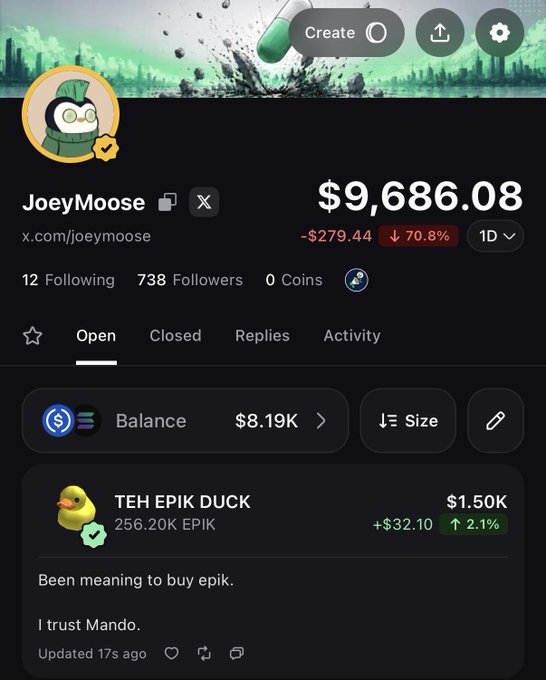 A trading profile page for user 'JoeyMoose' (x.com/joeymoose) showing a portfolio balance of $9,686.08 (-$279.44, -70.8%), with an active holding of 'TEH EPIK DUCK' valued at $1.50K (+$32.10, 2.1%).