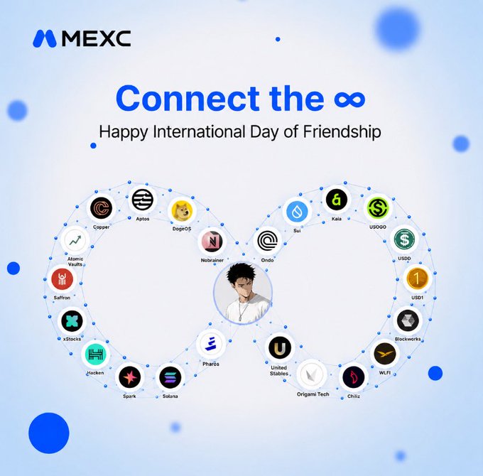 A MEXC cryptocurrency exchange ad themed 'Connect the ∞' for the International Day of Friendship displays an infinity-shaped network connecting various crypto token logos including Aptos, DogEOS, Kava, Sui, USDC, USDT, and Solana.