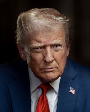 A portrait of Donald Trump, the subject of a post claiming he holds over $100,000,000 in $BTC and $ETH and generated $635,000,000 in memecoin royalty revenue.