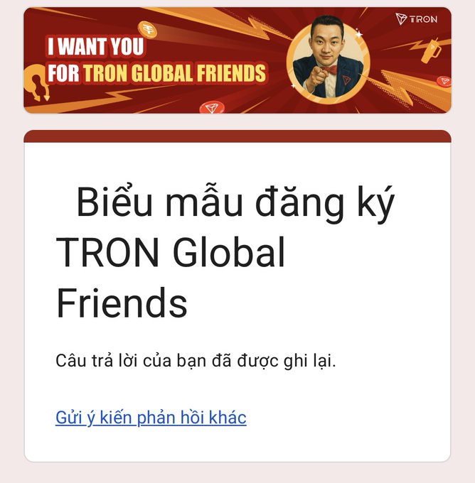 A screenshot of a registration form with Vietnamese text 'Biểu mẫu đăng ký TRON Global Friends' and a banner reading 'I WANT YOU FOR TRON GLOBAL FRIENDS' featuring a man pointing.