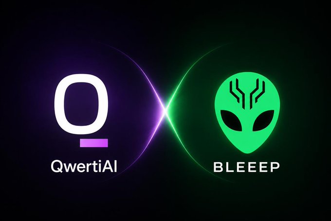 A glowing graphic featuring two logos side by side: 'QwertiAI' with a purple 'O' symbol and 'BLEEEP' with a green alien head, connected by a purple-green light arc on a black background.