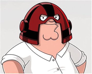 Cartoon character wearing a red and black helmet with a stern expression on a white background.