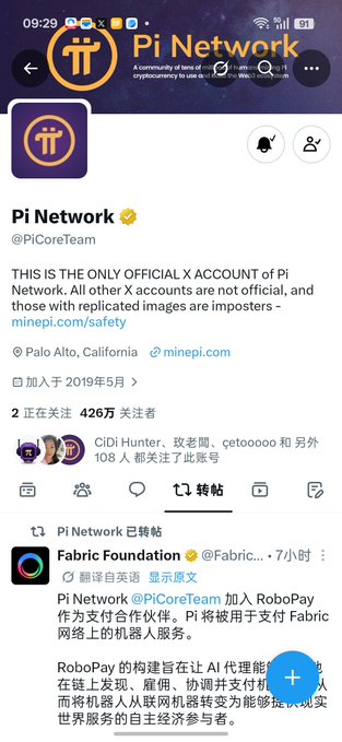 A screenshot of the official 'Pi Network' X (formerly Twitter) profile page showing their bio, pinned tweet about being the only official account, and a reposted tweet from 'Fabric Foundation' about 'RoboPay'.