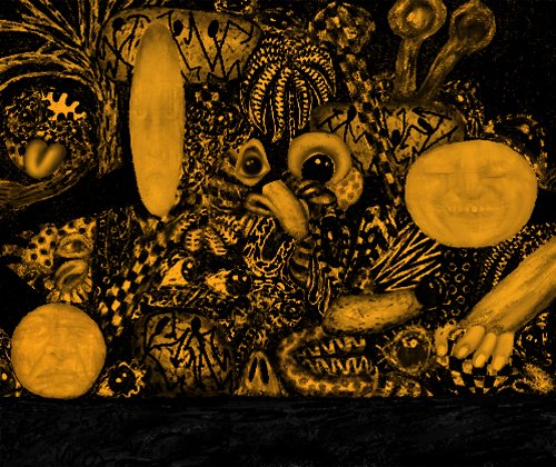 The image displays a dark, surreal artwork with intricate golden-brown illustrations against a black background, featuring abstract figures, faces, and organic shapes. The inscription "124507952" likely serves as a unique identifier for this on-chain digital art piece, linking the abstract composition to its blockchain record.