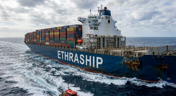A large blue container ship labeled 'ETHRASHIP' sailing on choppy ocean waters under a cloudy sky, with a small red boat visible in the foreground.