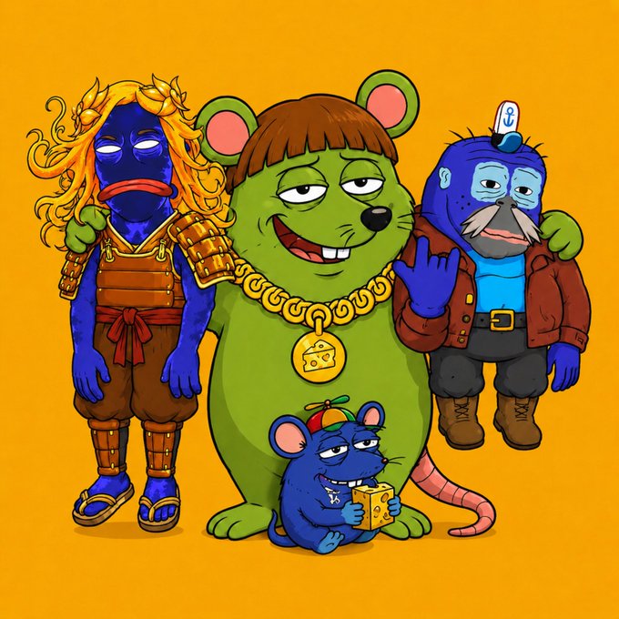 A cartoon illustration of four blue creatures with varying appearances: a samurai-like figure in armor, a large green mouse/rat wearing a cheese medallion, a sailor character, and a small blue mouse holding a piece of cheese, all on an orange background.