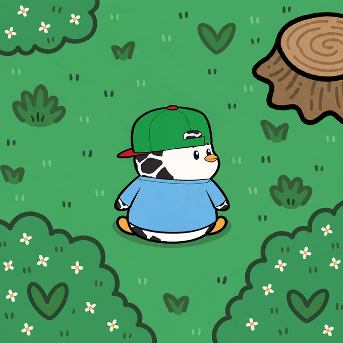 A cute cartoon illustration of a chubby cow-like character wearing a green backwards cap and blue shirt, sitting in a grassy field with flowers and a tree stump.