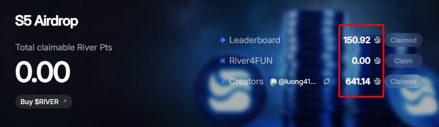 The image shows an "S5 Airdrop" dashboard from RiverdotInc displaying a leaderboard with three entries showing points values (150.92, 0.00, and 641.14), with statuses indicating "Claimed" or available to "Claim." This relates to the post by encouraging users to claim their S5 airdrop rewards from RiverdotInc, whether converting to cash or staking for potential returns.