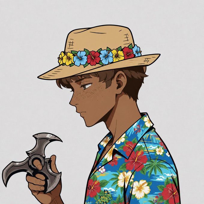 An anime-style illustration shows a tan-skinned young man in profile, wearing a straw hat decorated with colorful hibiscus flowers and a tropical blue Hawaiian shirt, while holding a bat-shaped throwing weapon. The image matches the "touch some grass" vibe of the post, capturing a laid-back, vacation-like mood with its tropical florals and sun-ready styling.