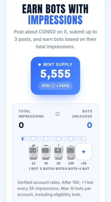 A mobile app interface titled 'EARN BOTS WITH IMPRESSIONS' showing a CONSO 'MINT SUPPLY' of 5,555, with stats for total impressions (0) and bots unlocked (0), plus a tiered reward system for 1K to 10K+ impressions.
