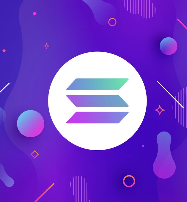 A purple graphic design featuring the white Solana logo (three stacked horizontal bars) in the center, surrounded by colorful geometric shapes and gradients.