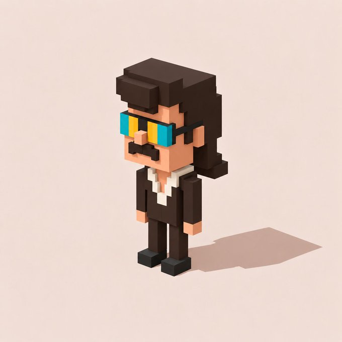 A 3D voxel-style character with dark hair, a mustache, and cyan-and-yellow glasses stands on a plain background.