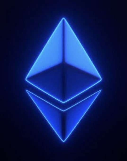 The Ethereum logo, a blue octahedral diamond shape, glows neon-style against a dark background.