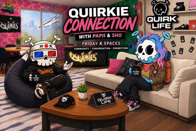 A colorful promotional graphic for 'QUIIRKY CONNECTION with PAPII & SHO' featuring animated skull characters 'Quirk' and 'Quirkie' in a vibrant living room setting, with the 'QUIRK LIFE' logo displayed in the corner.