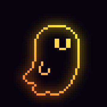 A pixel-art style glowing yellow/orange ghost or Pac-Man-like character on a dark background, featuring two square eyes and a curved body shape.