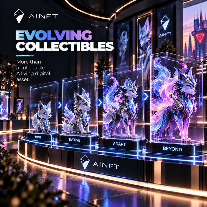 An advertisement for AINFT titled "EVOLVING COLLECTIBLES" shows four stages of a digital wolf collectible in glass cases labeled MINT, EVOLVE, ADAPT, and BEYOND, illustrating progression from a small pup to a majestic glowing wolf.