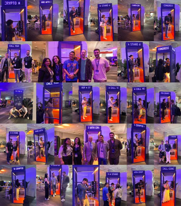 The image is a collage of various photos featuring people at an event called #ethconfNYC, where they set up phone booths with the purpose of connecting advocates to their lawmakers. There are multiple photographs showcasing individuals engaging in conversations over the phone, highlighting the significance and impact of their efforts in promoting awareness and advocating for change.