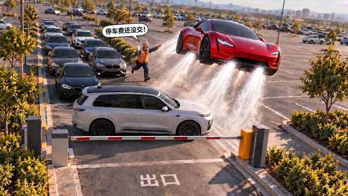 A comedic scene at a parking lot exit where a red sports car flies over a white SUV's barrier gate while a parking attendant in an orange vest gestures, with Chinese text '停车费还没交!' (Parking fee not paid yet!).