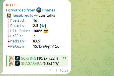 A screenshot of a financial/stock trading group message forwarded from 'Planes' by luisabreu96, showing a 1-day call on RDX with a 15.1x return and current holdings in $CRYING and $KAGARARA.