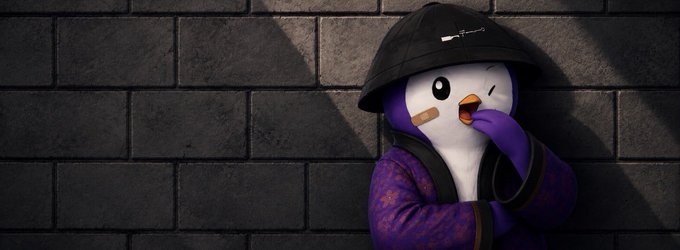 A purple and white penguin character wearing a black beanie and purple hoodie poses against a dark brick wall.
