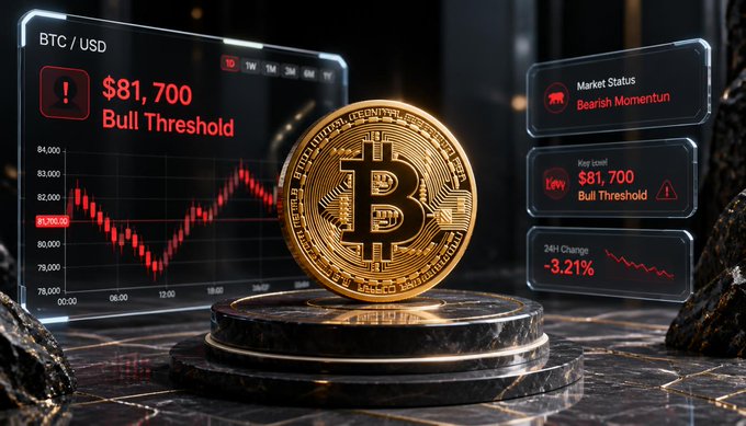A 3D-rendered cryptocurrency display featuring a golden Bitcoin coin on a pedestal, with a BTC price chart showing $81,700 'Bull Threshold' but a bearish momentum status and -3.21% 24H change.
