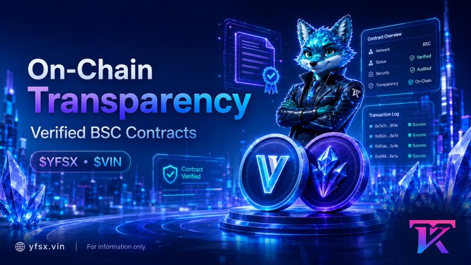 Promotional banner for 'On-Chain Transparency' featuring 'Verified BSC Contracts' with tickers $YFSX and $VIN, showing an anthropomorphic fox character alongside blockchain data panels.