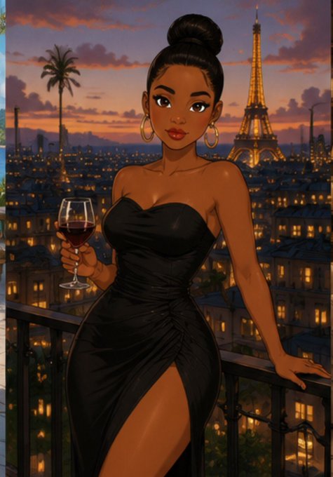 A digital illustration of an animated Black woman with a high bun, wearing a black dress and gold hoop earrings, holding a glass of red wine on a balcony overlooking Paris with the Eiffel Tower at sunset.