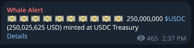 A 'Whale Alert' notification indicates that 250,000,000 $USDC (250,025,625 USD) was minted at USDC Treasury.