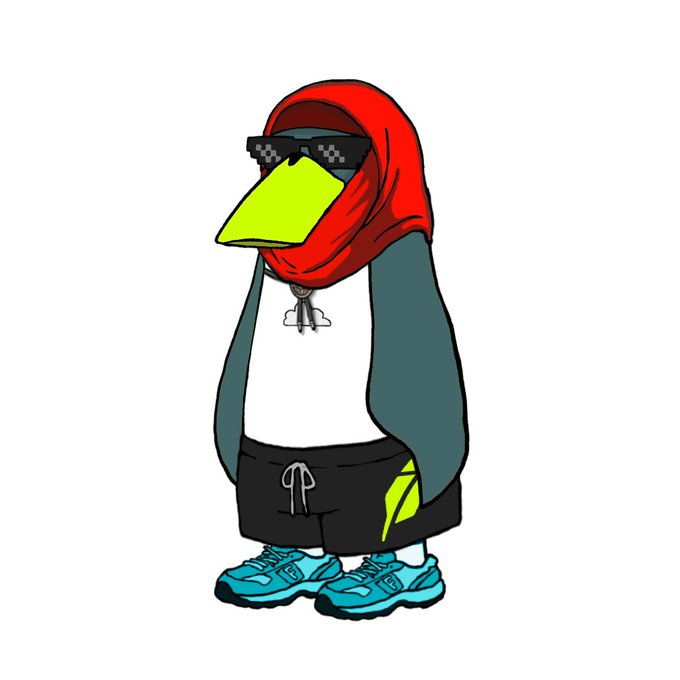 Cartoon character design of a figure in a red hooded jacket, white shirt, black shorts, and teal sneakers, with a large yellow beak-like mask and 'deal with it' sunglasses.