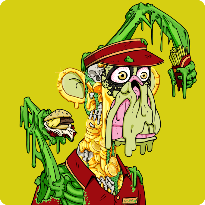 A grotesque zombie-style illustration of a fast food worker wearing a red visor and uniform, holding a burger and fries, with green slime dripping everywhere against a yellow background.
