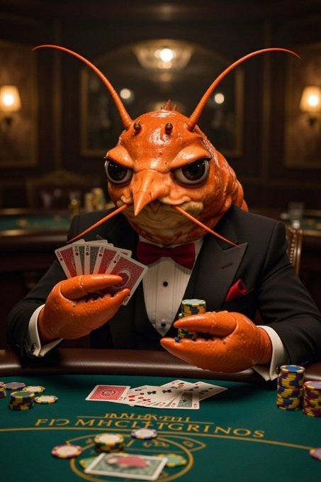 An anthropomorphic lobster wearing a black tuxedo with a red bow tie sits at a casino table holding playing cards and poker chips, with reversed text reading "BONUS MHCLIGORINOS" on the green felt.