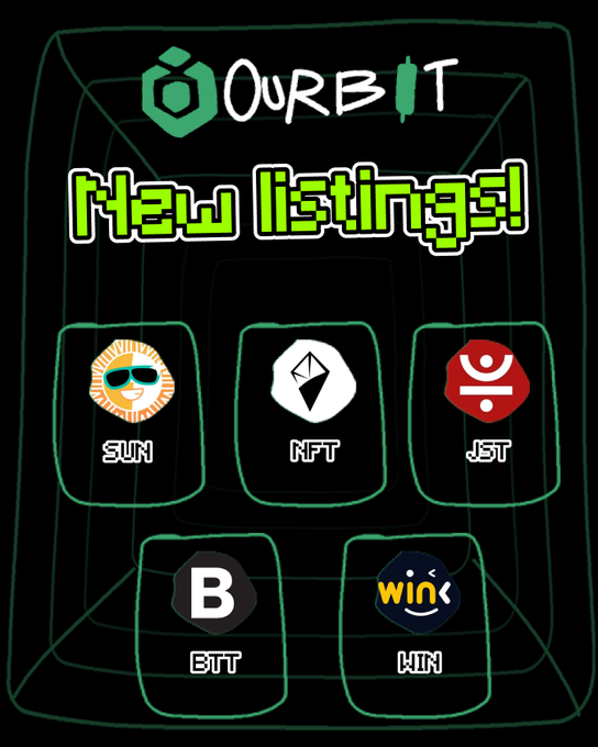 The image features a poster for a new listing service called @ourbit, which allows users to invest in JST cryptocurrency. The poster includes five different logos representing various cryptocurrency exchanges or platforms that are part of this new listing service. These logos include Sun, NFT, JST, Bitt, and Win. The post also mentions the availability of deposits on these platforms, indicating a new route for users to reach more people with their investments in JST.