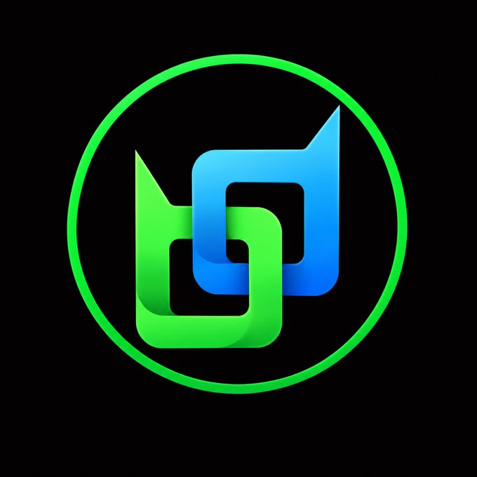 A digital logo featuring interlocking green and blue shapes within a green circular border on a black background.