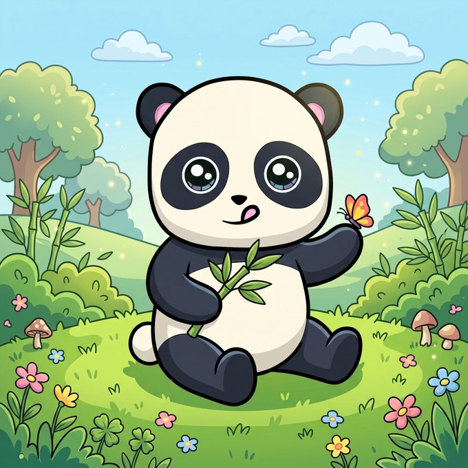 A cute cartoon illustration of a baby panda sitting in a grassy field holding bamboo, while a butterfly lands on its paw, surrounded by flowers and mushrooms.