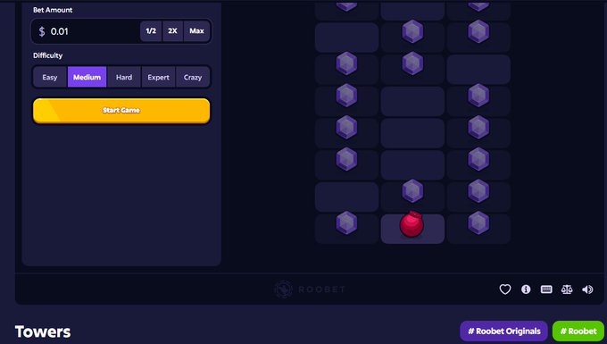 Screenshot of a Roobet game called 'Towers' showing a 'Bet Amount' of '$ 0.01', 'Medium' difficulty selected, and a grid with purple gems and a red ball at the bottom.
