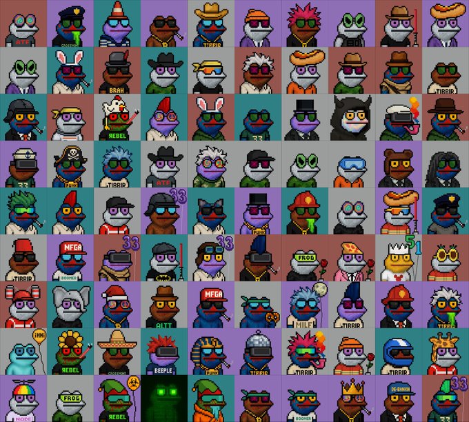A grid displaying numerous pixel-art NFT-style cartoon character avatars, each with different hats, glasses, and accessories, featuring various labels such as "REBEL", "BRAH", "TIRRIP", "MFGA", "FROG", "MILF", and "BEEPLE".