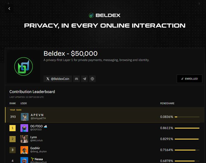A dark-themed leaderboard for "BELDEX" displays "PRIVACY, IN EVERY ONLINE INTERACTION" and a contribution ranking, with user "APEVN @OxHypeETH" ranked 393rd.
