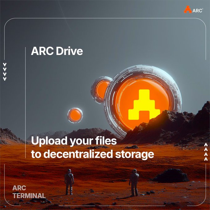 The image shows two people standing next to each other in front of a large orange planet with three circles floating above them. The caption below the image reads "@TheARCTERMINAL an AI powered onchain OS that runs right in your browser. One of my favorite features is arc terminal. It transforms your files into a persistent memory layer for arc drive".