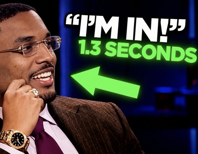 The image shows a smiling man in glasses, a brown pinstripe suit, purple tie, and gold jewelry, with overlaid text reading "I'M IN!" and "1.3 SECONDS" pointing to him with a green arrow—suggesting a quick, confident trading callout aligning with the post about the trader's timely alert.