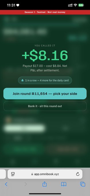 A mobile screenshot from app.omnibook.xyz showing a betting result of '+$8.16' from Season 1 Testnet with options to join round #11,654 or sit out.
