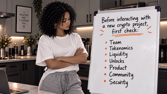 A young woman with curly hair standing in a modern kitchen with her arms crossed next to a whiteboard listing checkpoints for evaluating crypto projects: Team, Tokenomics, Liquidity, Unlocks, Product, Community, and Security, with the heading 'Before interacting with a new crypto project, first check:'; a framed sign behind her reads 'A HEALTHY GIRL A HAPPIE YOU.'