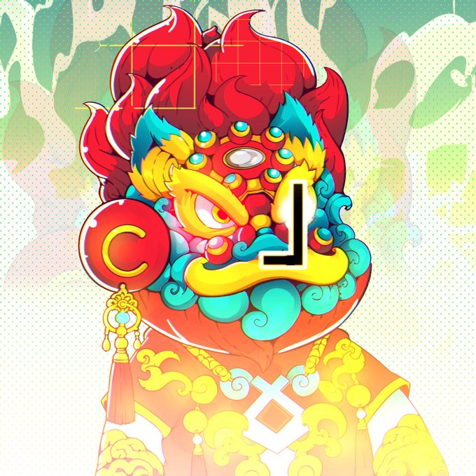A vibrant digital illustration of a Chinese-style dragon head with red hair, blue scales, and a fierce expression features stylized 'C' and 'J' letters incorporated into the design.