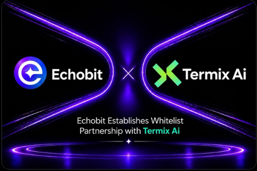 A partnership announcement graphic with glowing purple neon lines announcing 'Echobit Establishes Whitelist Partnership with Termix Ai', featuring both company logos.