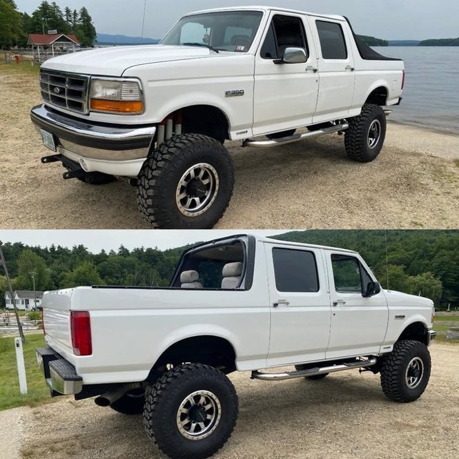 Two views of a white Ford F-250 pickup truck with a lift kit and large off-road tires, parked on a dirt lot near a lake.