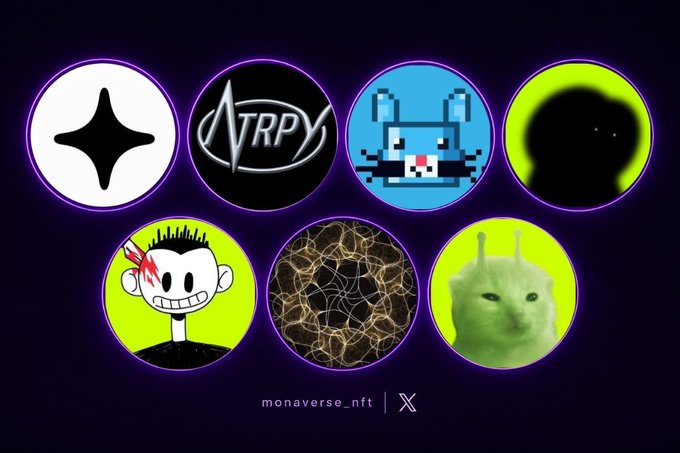 A collection of seven circular NFT profile pictures displayed on a dark purple background, featuring various art styles including a star logo, 'TRP' text, a blue cartoon creature, a silhouette, a cartoon man, tangled string, and a white cat, with the handle 'monaverse_nft' and X logo at the bottom.