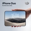 An advertisement for 'iPhone Duo for the brave souls' shows a hand holding an iPhone displaying the time '15:00' with a mountain wallpaper.