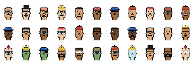 A pixel art sprite sheet displaying three rows of small character heads with various hairstyles, hats, glasses, and facial expressions.