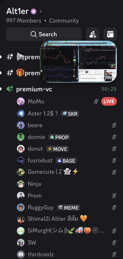 Screenshot of a Discord community server called 'Alt1er' with 997 Members, showing multiple channels including '#premium-vc' with a list of members such as MoMo, Aster 1.2$, beere, donnie, donut, fusrodust, Gamecute, Ninja, Prom, RuggyGuy, Shimal2i, SiMurgH, SW, and thirdcoolz.